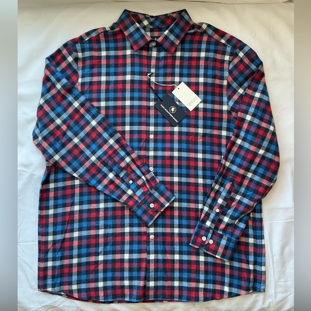 NEW! Hart‎ Schaffner Marx Flannel Red Blue Plaid Button-down Shirt Men Size XL